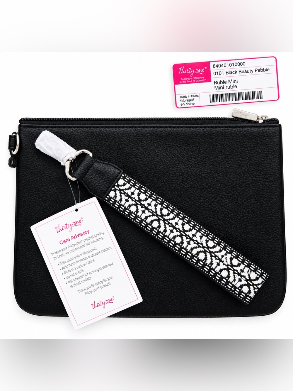 Thirty One Black Pebble Rubie Mini Wristlet with Black & White Decorative Strap
